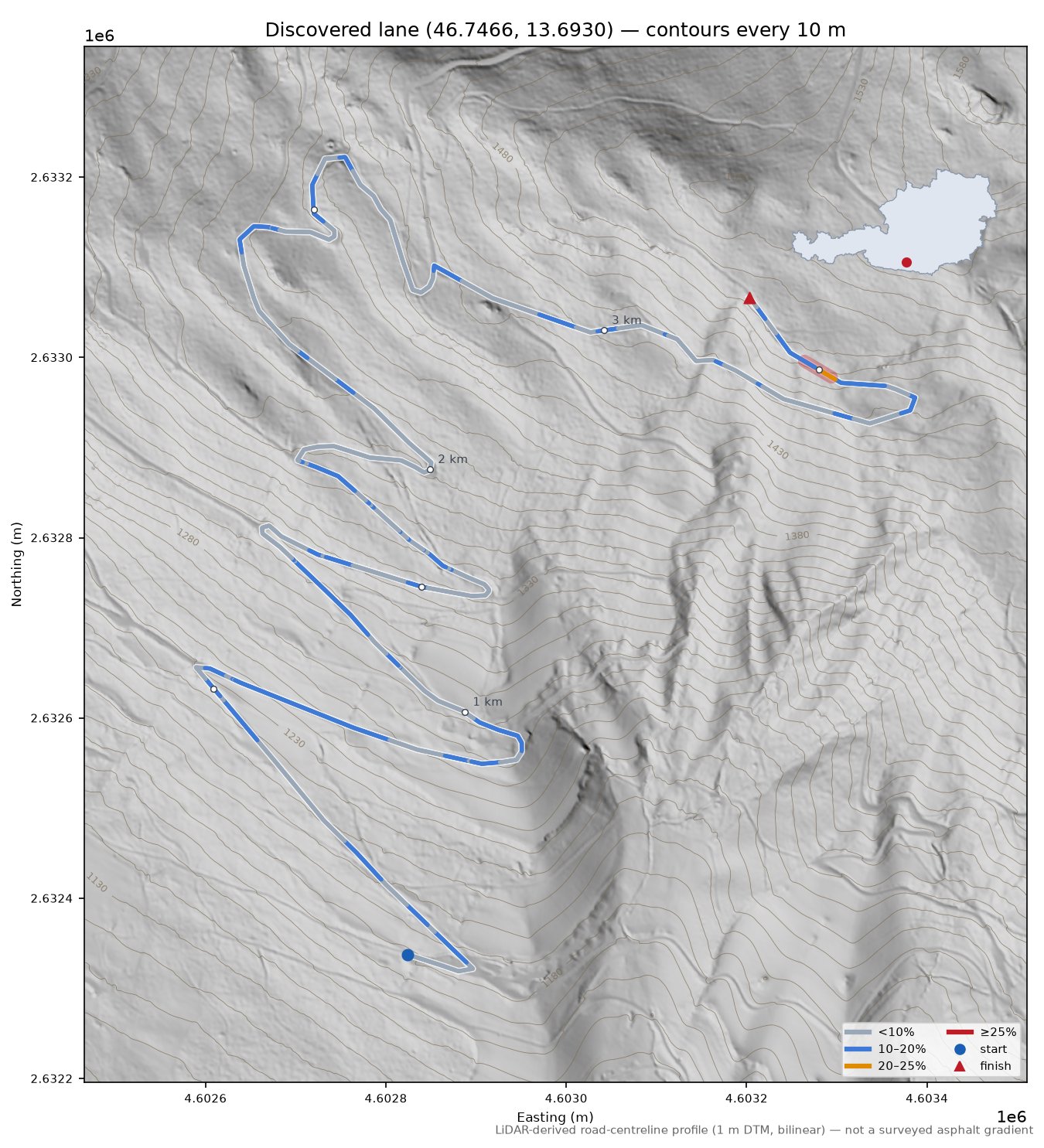 Discovered lane (46.7466, 13.6930) LiDAR hillshade map with contours