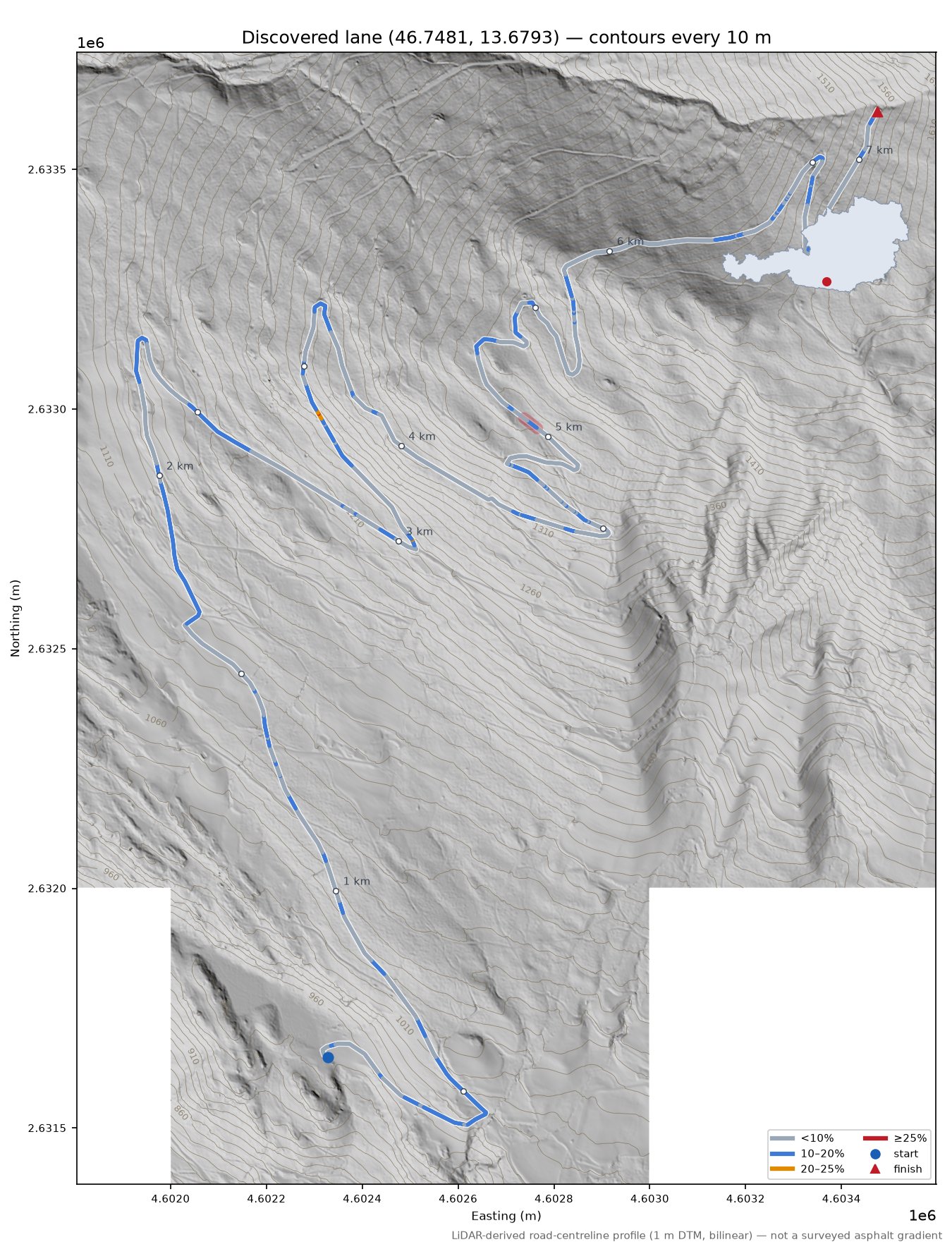 Discovered lane (46.7481, 13.6793) LiDAR hillshade map with contours