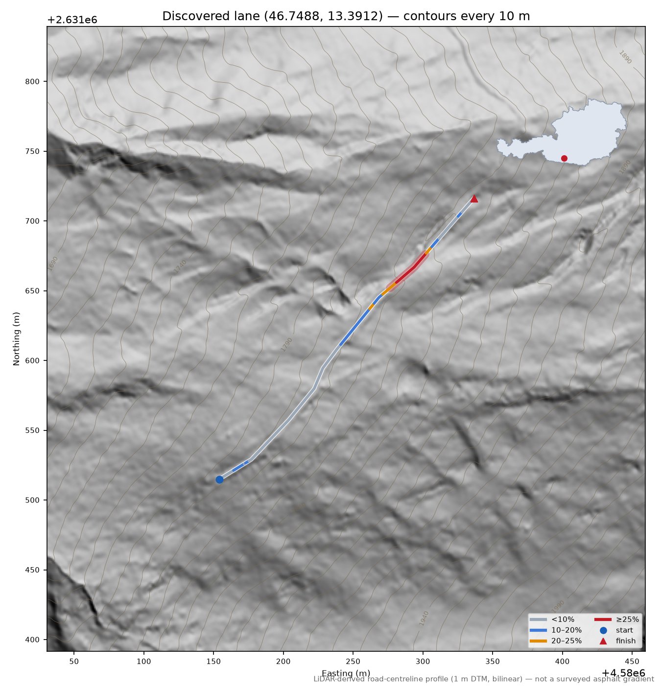 Discovered lane (46.7488, 13.3912) LiDAR hillshade map with contours