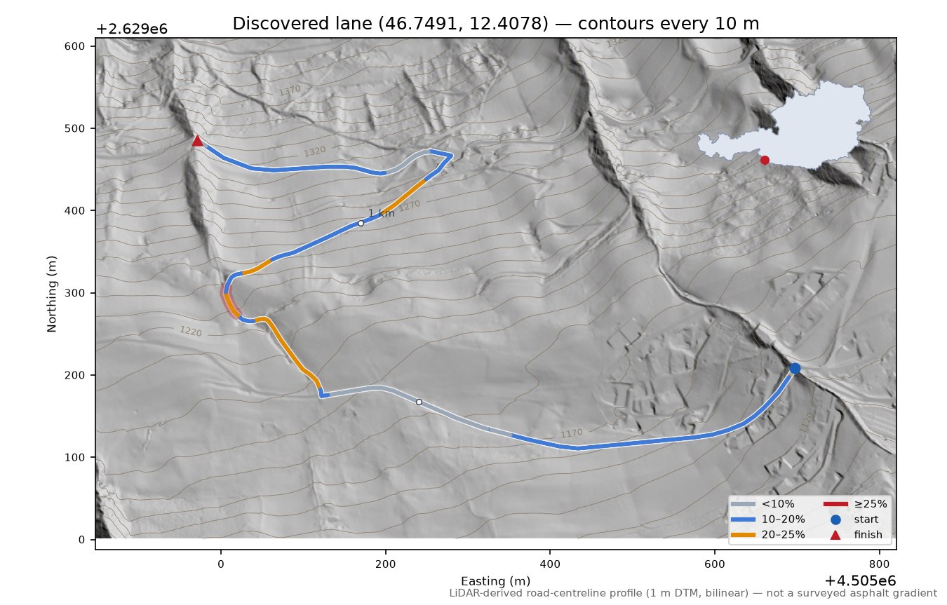 Discovered lane (46.7491, 12.4078) LiDAR hillshade map with contours