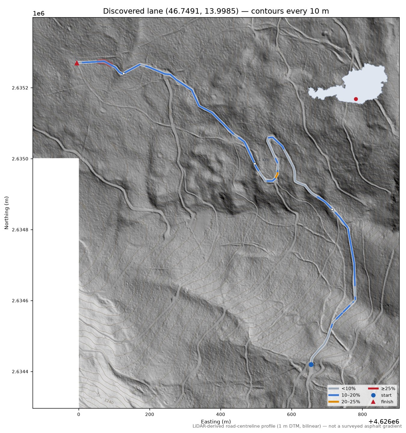 Discovered lane (46.7491, 13.9985) LiDAR hillshade map with contours
