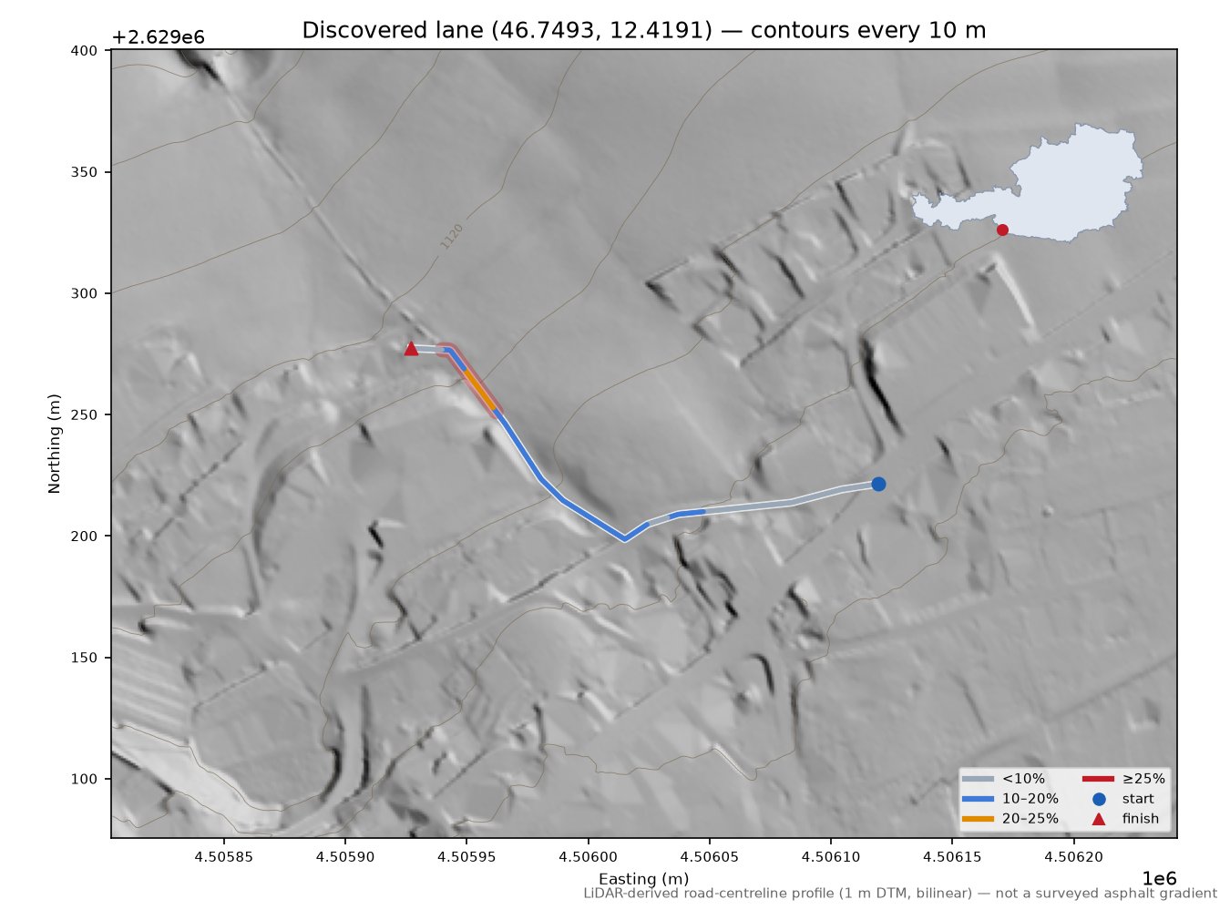 Discovered lane (46.7493, 12.4191) LiDAR hillshade map with contours