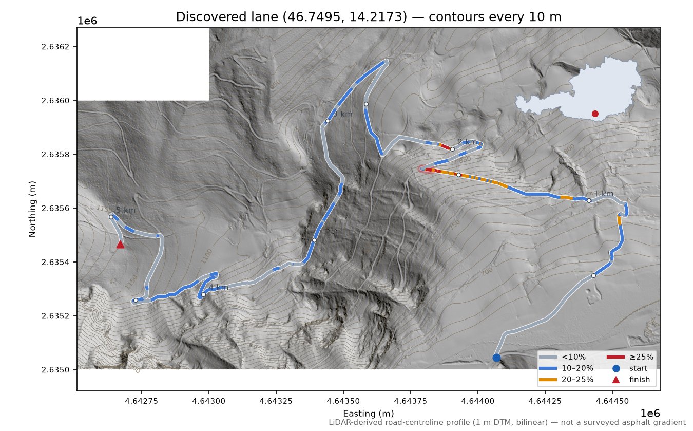 Discovered lane (46.7495, 14.2173) LiDAR hillshade map with contours