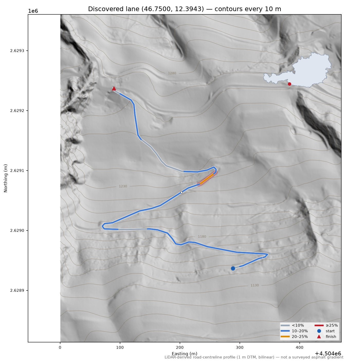 Discovered lane (46.7500, 12.3943) LiDAR hillshade map with contours