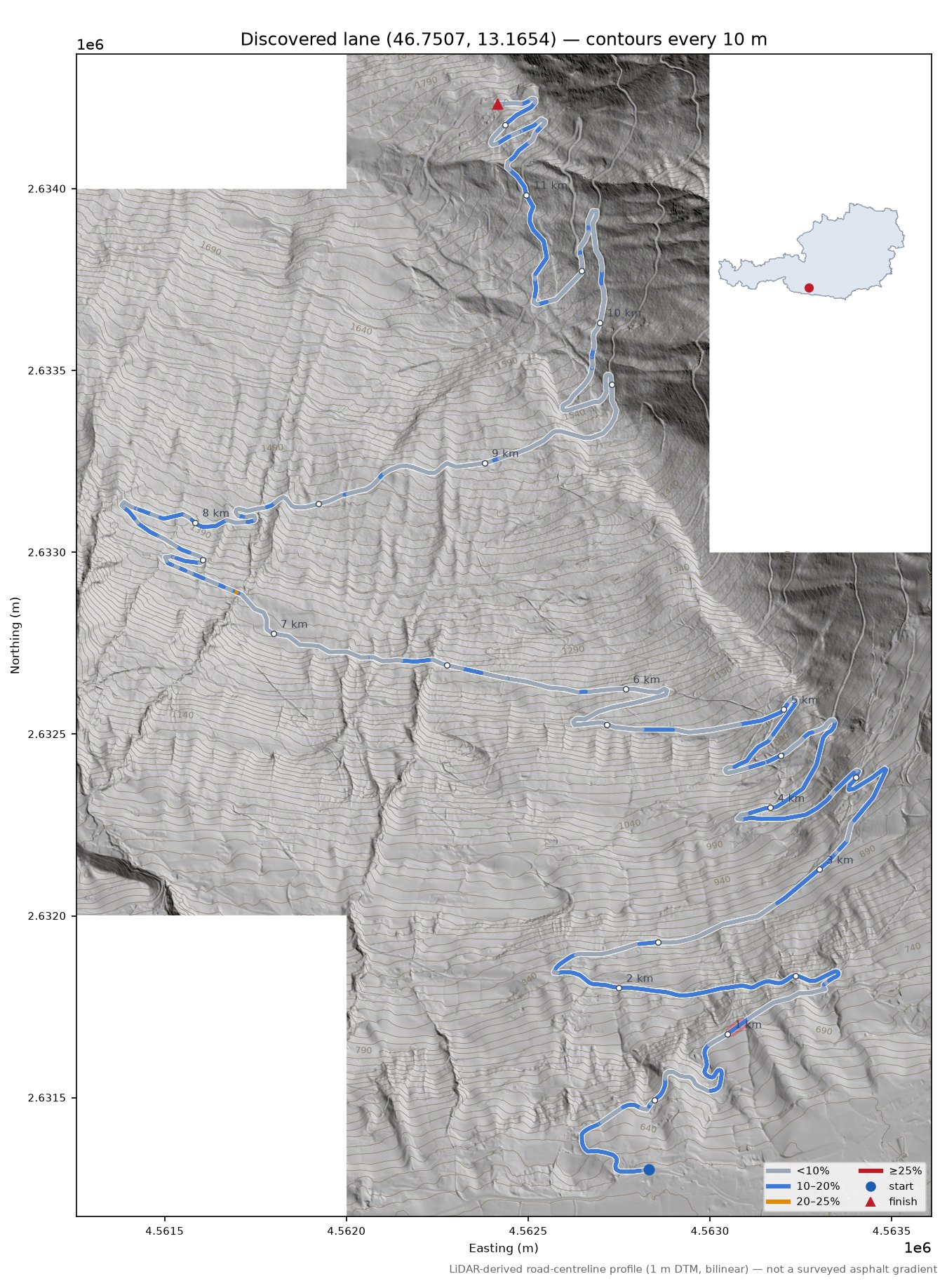 Discovered lane (46.7507, 13.1654) LiDAR hillshade map with contours