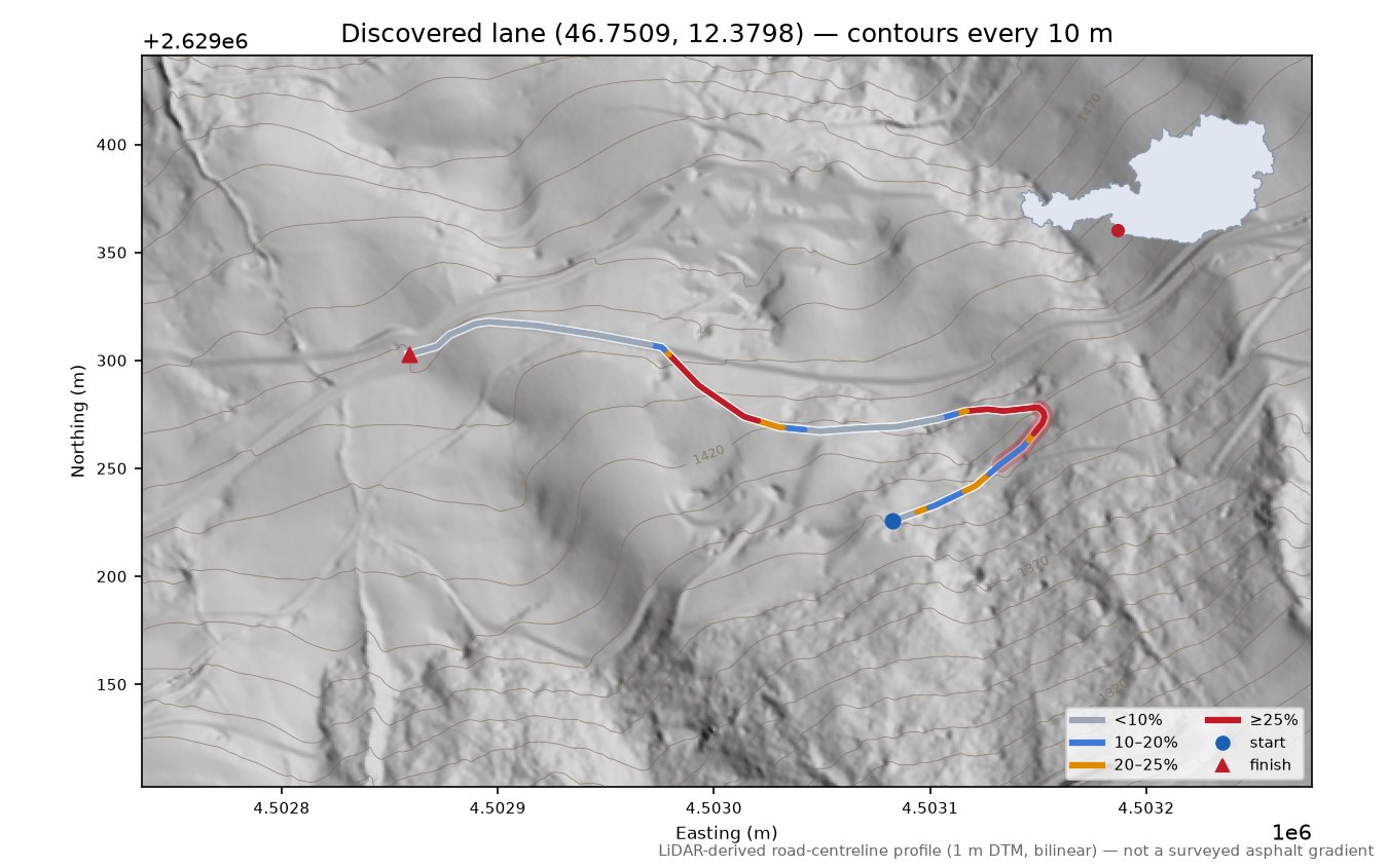 Discovered lane (46.7509, 12.3798) LiDAR hillshade map with contours