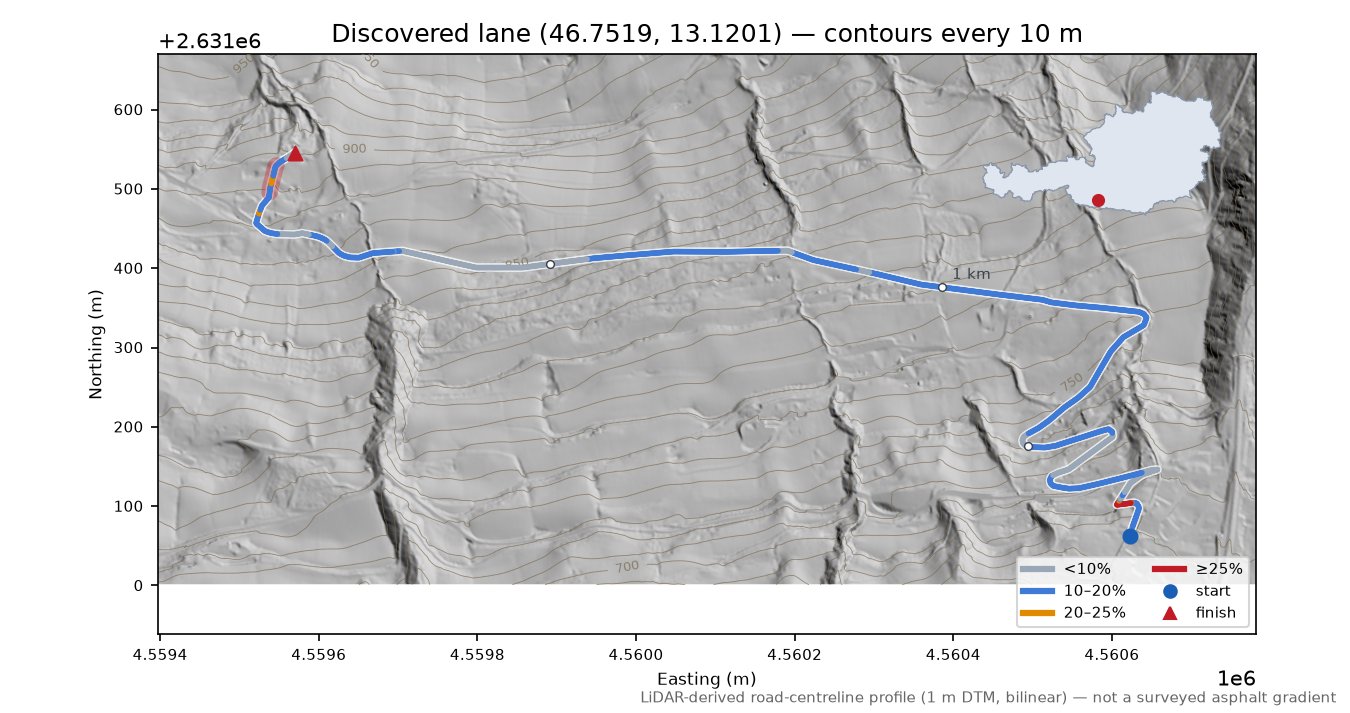 Discovered lane (46.7519, 13.1201) LiDAR hillshade map with contours