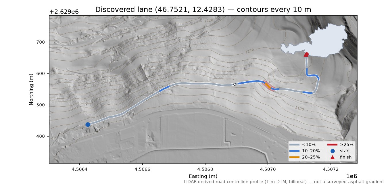 Discovered lane (46.7521, 12.4283) LiDAR hillshade map with contours