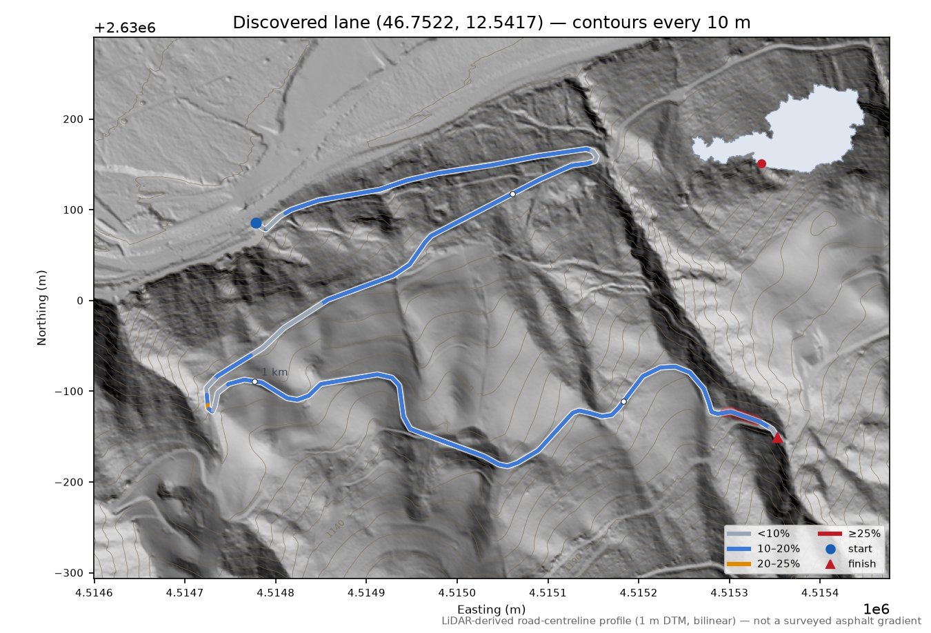 Discovered lane (46.7522, 12.5417) LiDAR hillshade map with contours