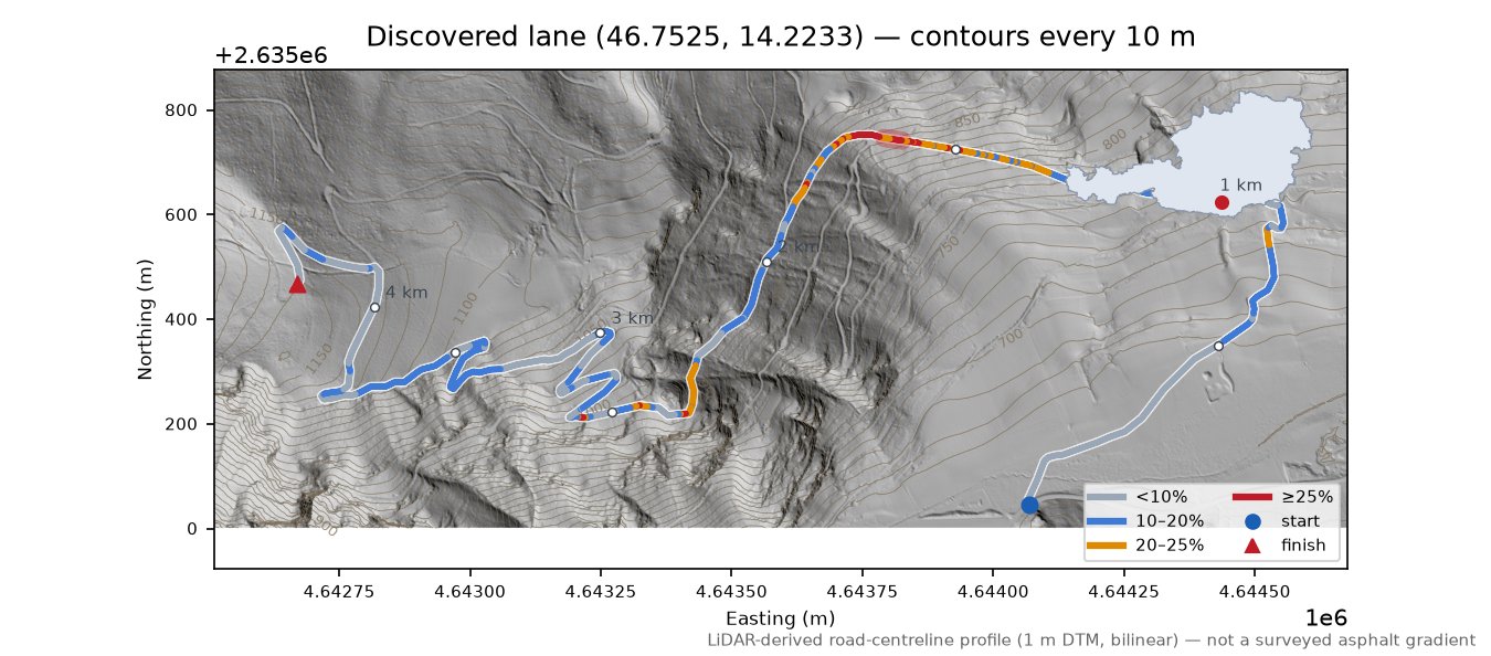 Discovered lane (46.7525, 14.2233) LiDAR hillshade map with contours
