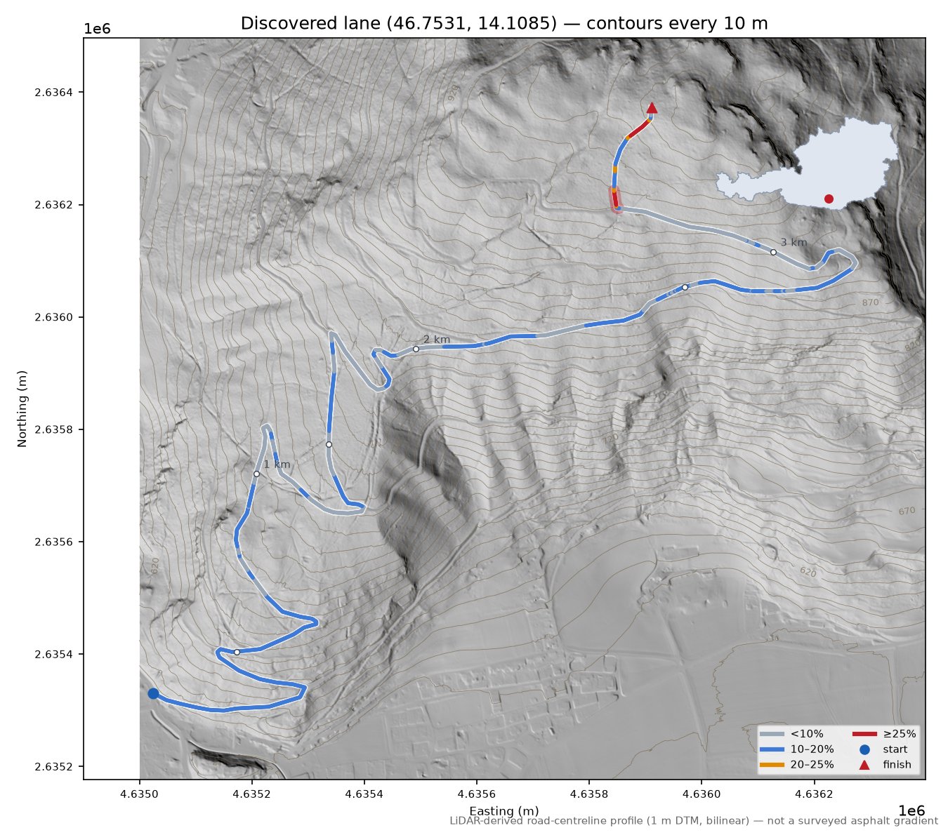 Discovered lane (46.7531, 14.1085) LiDAR hillshade map with contours