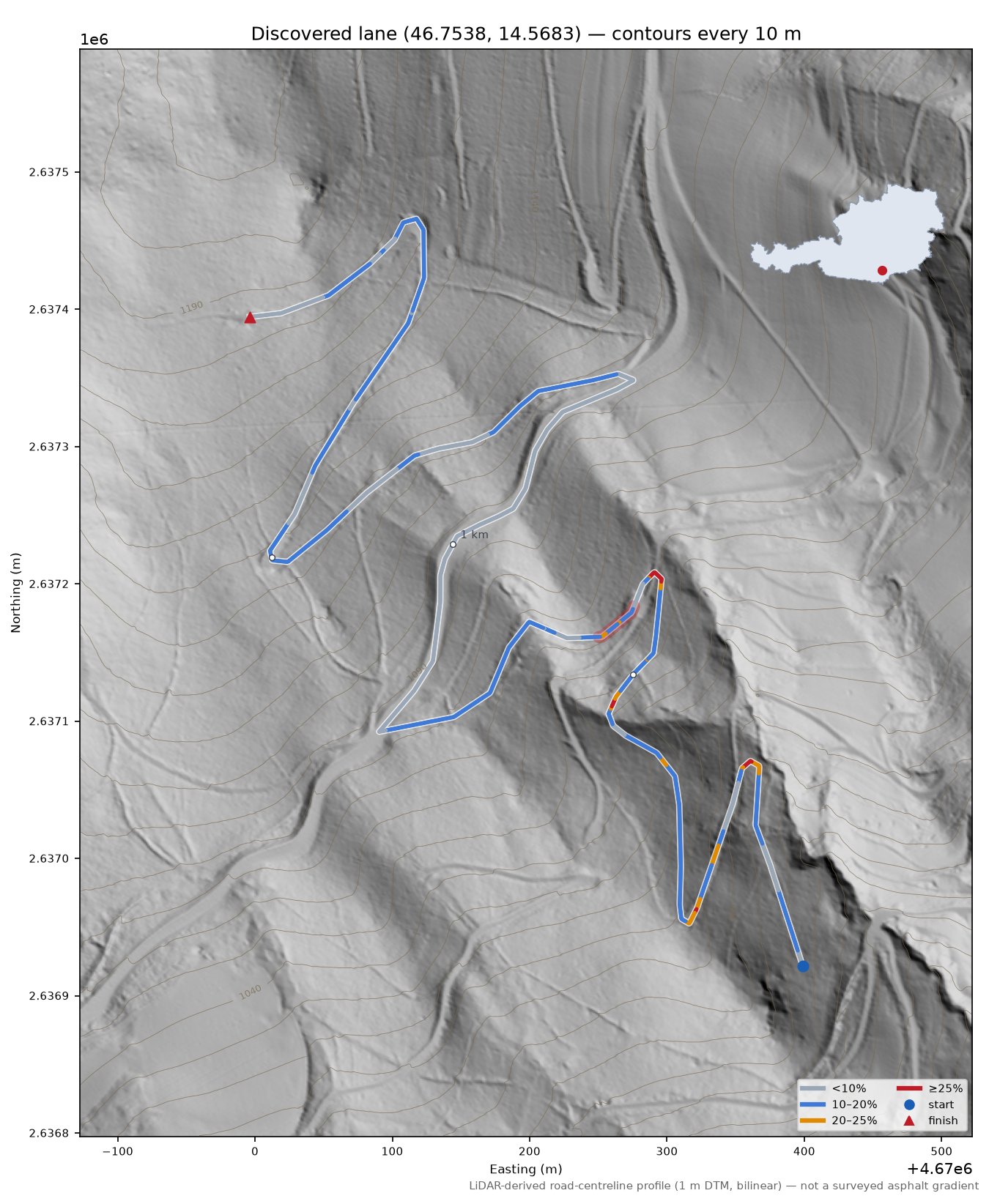Discovered lane (46.7538, 14.5683) LiDAR hillshade map with contours