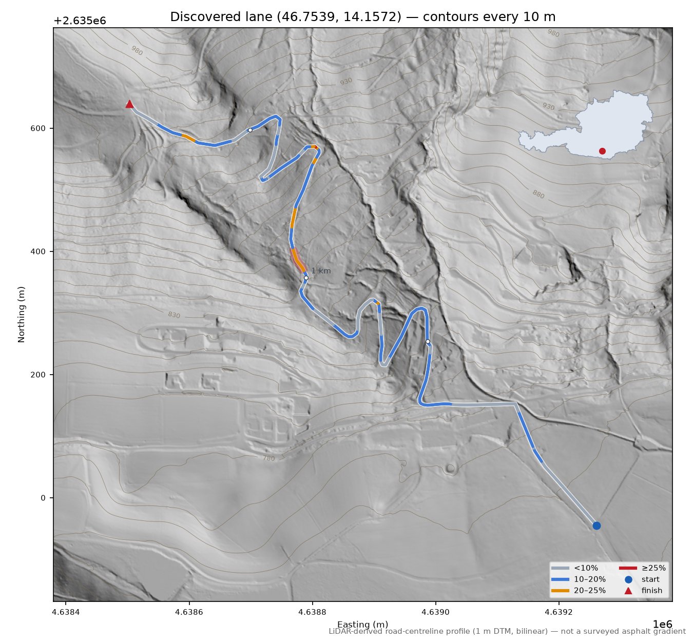 Discovered lane (46.7539, 14.1572) LiDAR hillshade map with contours