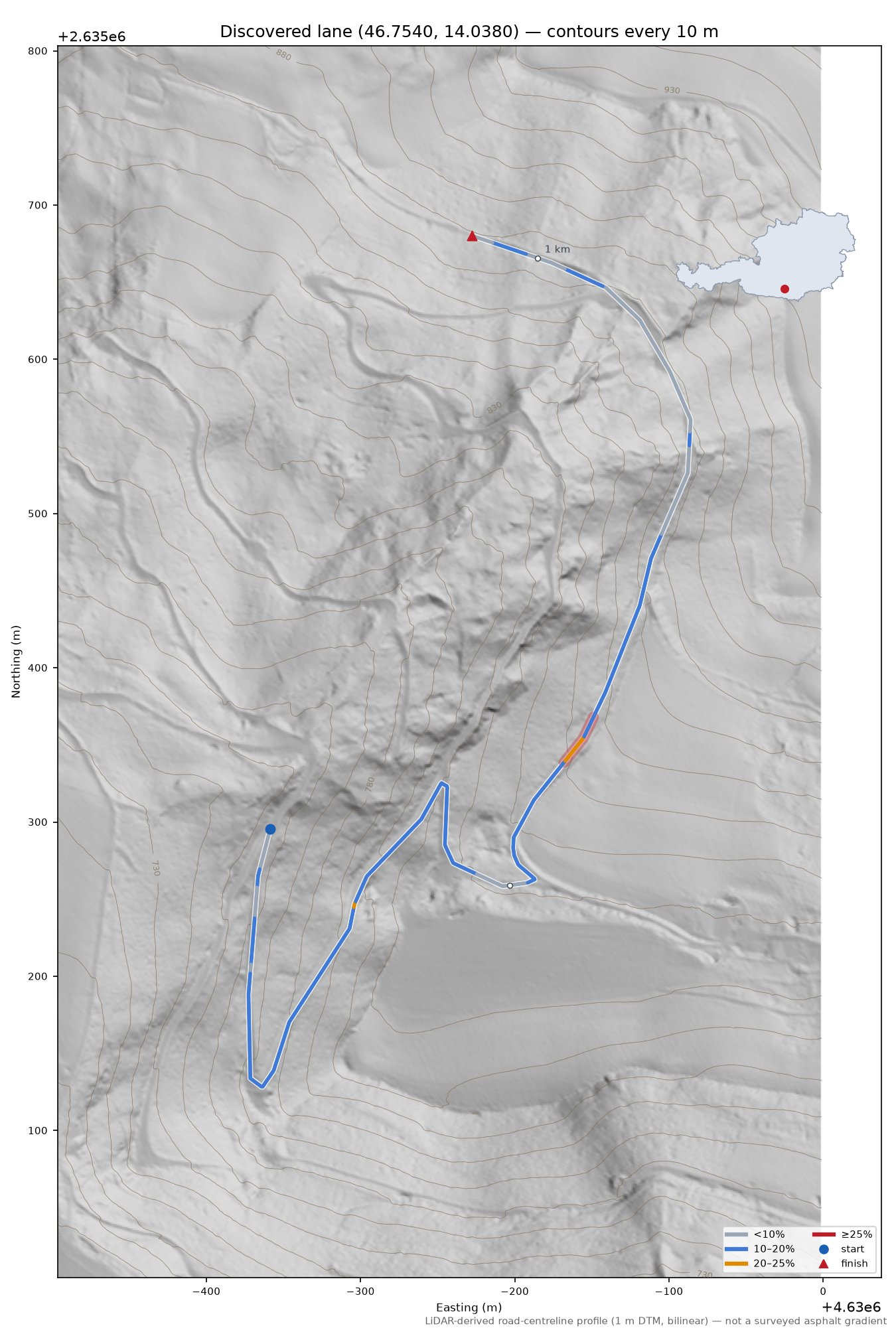 Discovered lane (46.7540, 14.0380) LiDAR hillshade map with contours