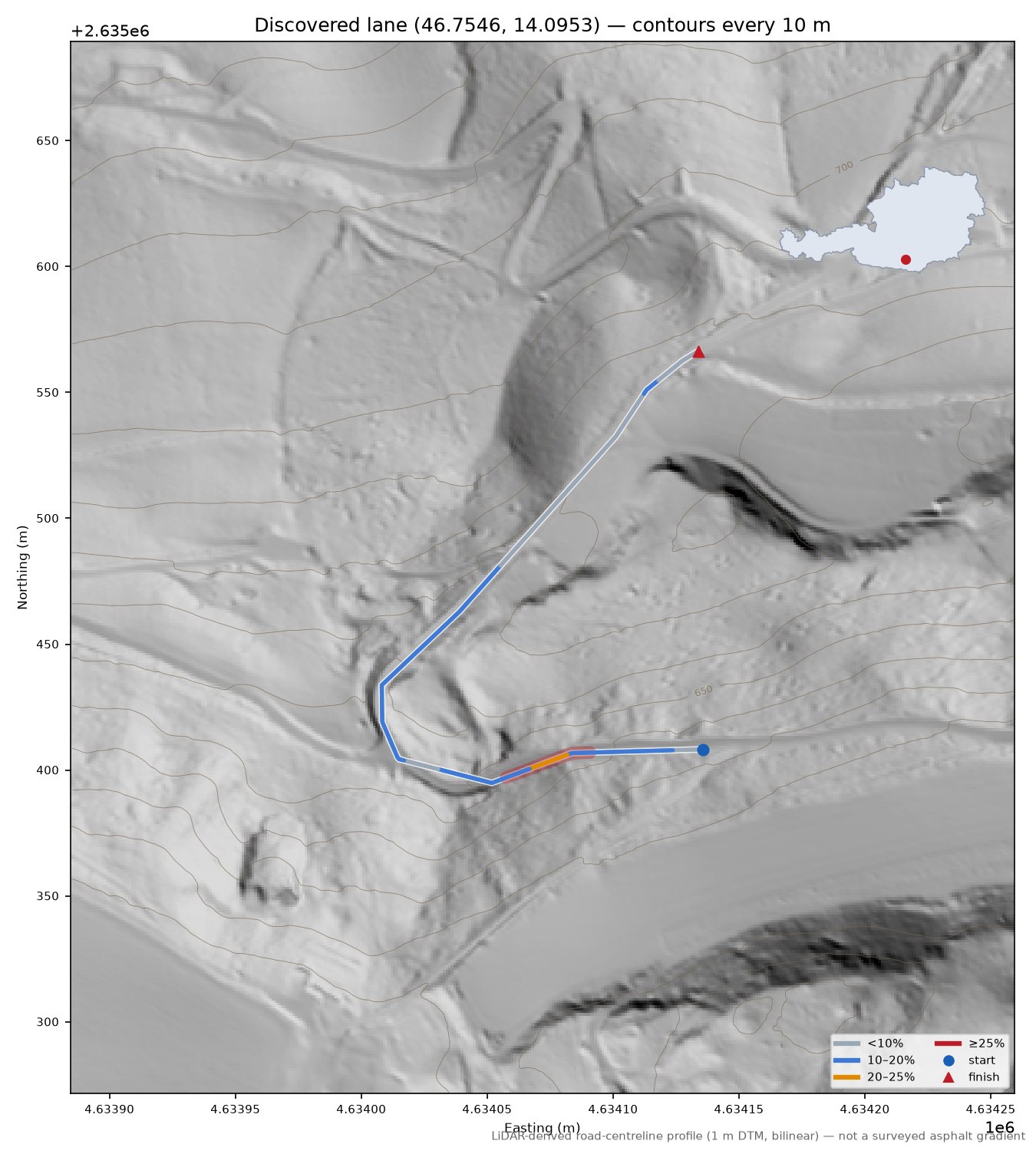 Discovered lane (46.7546, 14.0953) LiDAR hillshade map with contours