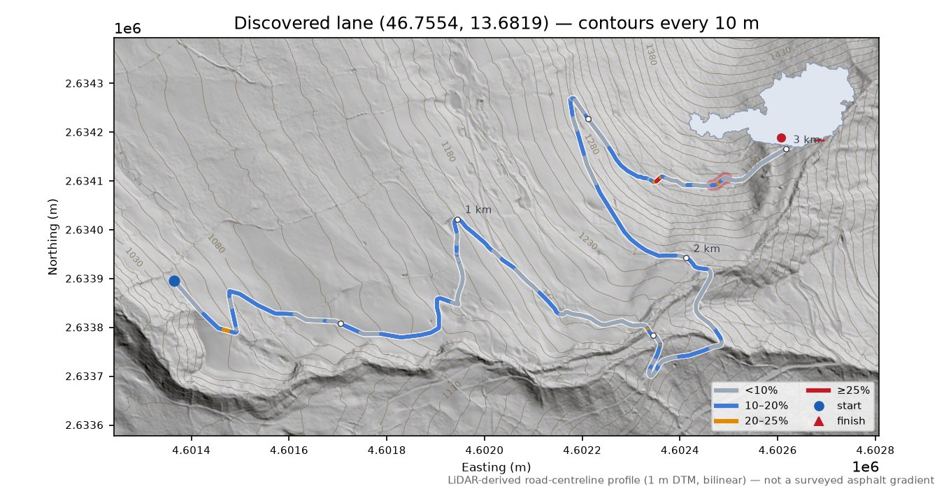 Discovered lane (46.7554, 13.6819) LiDAR hillshade map with contours