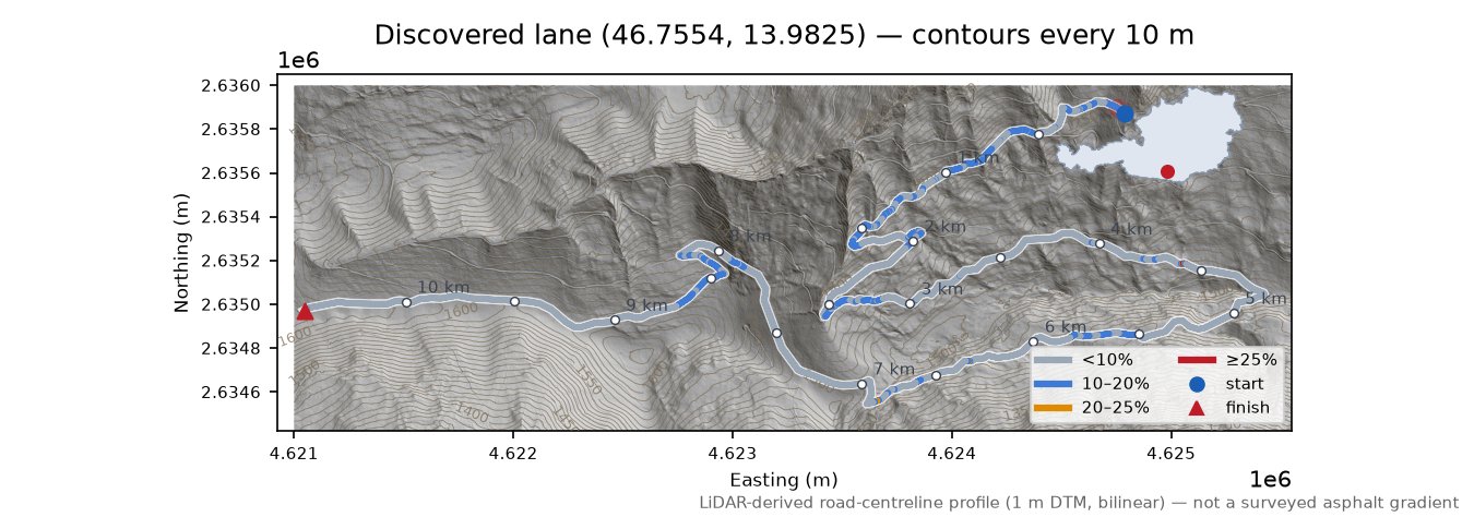 Discovered lane (46.7554, 13.9825) LiDAR hillshade map with contours
