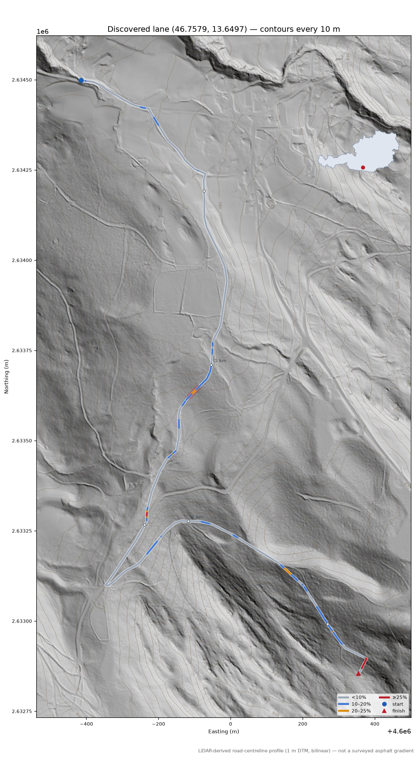Discovered lane (46.7579, 13.6497) LiDAR hillshade map with contours