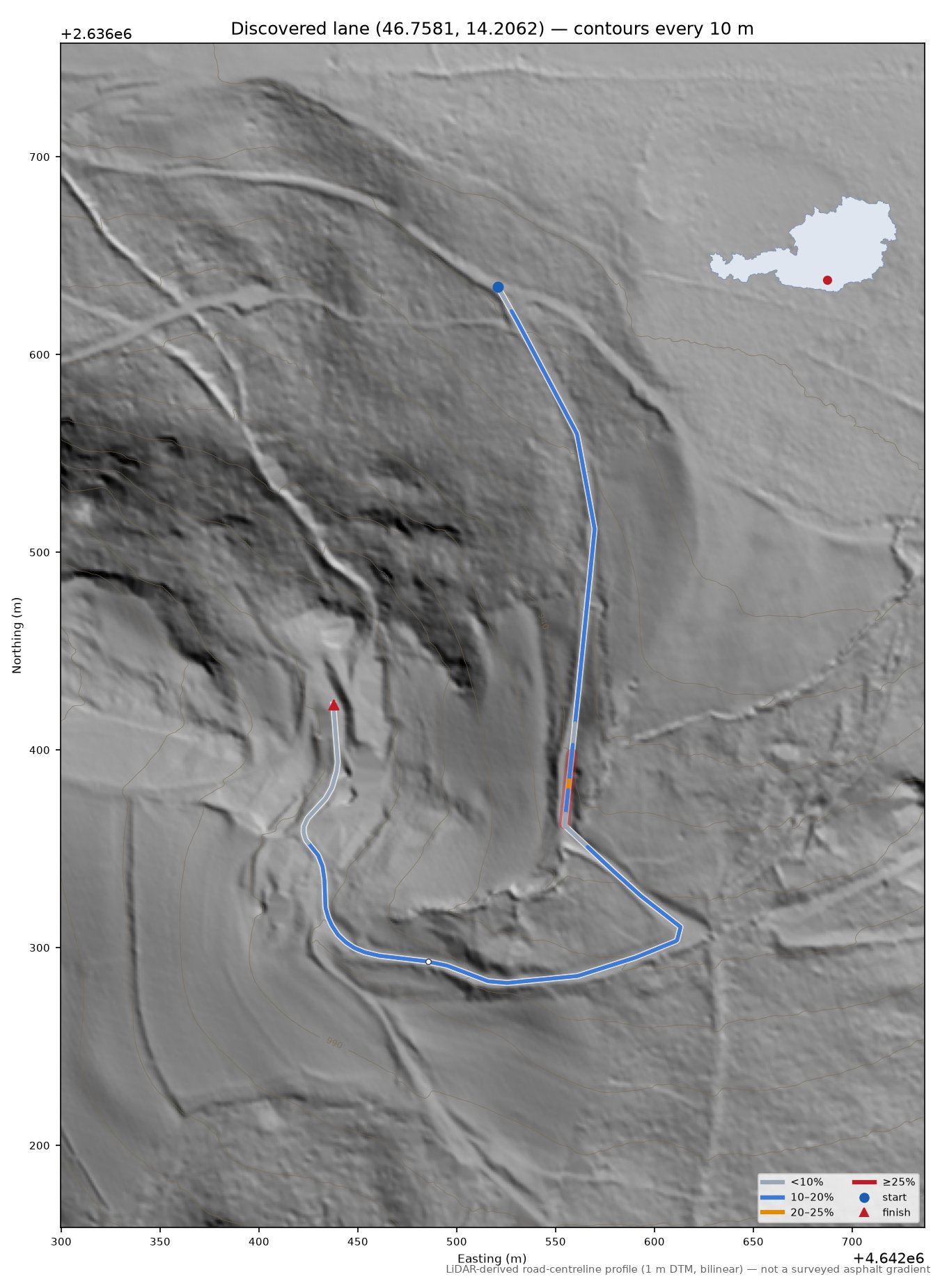 Discovered lane (46.7581, 14.2062) LiDAR hillshade map with contours