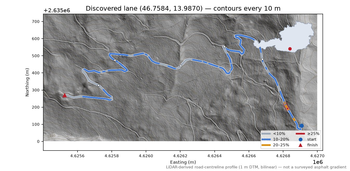 Discovered lane (46.7584, 13.9870) LiDAR hillshade map with contours
