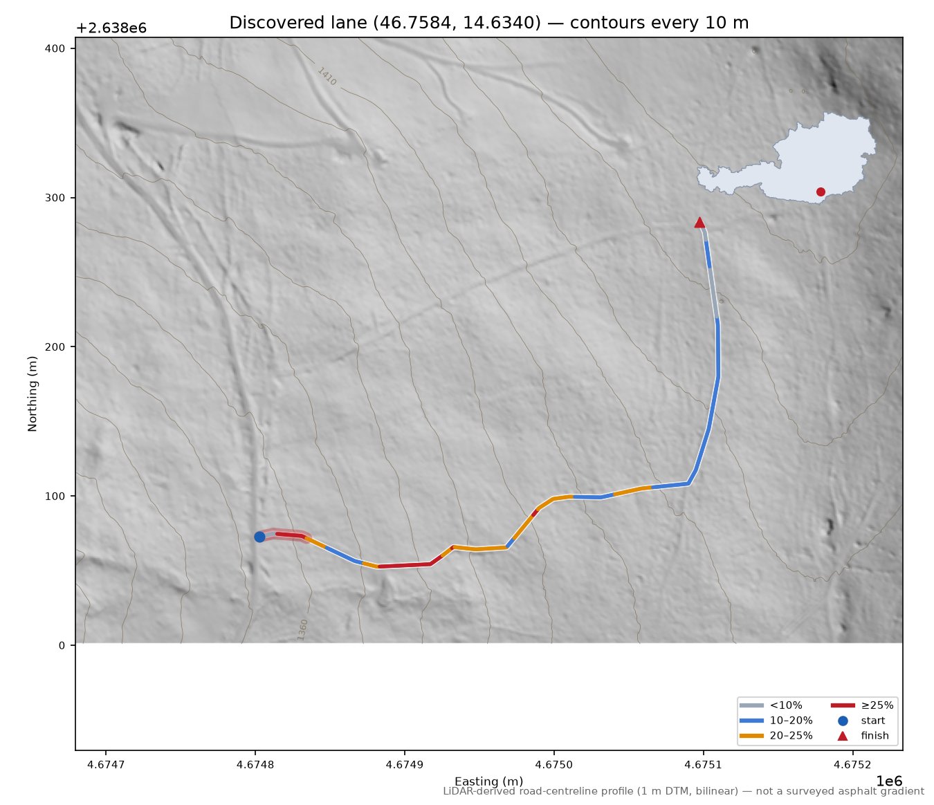 Discovered lane (46.7584, 14.6340) LiDAR hillshade map with contours