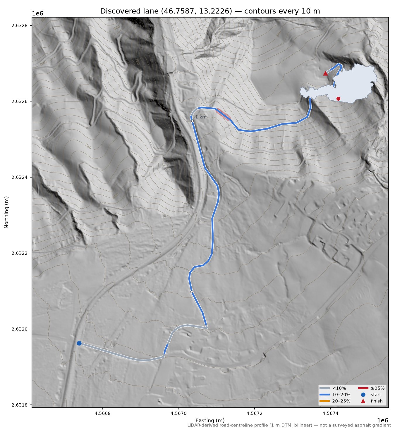 Discovered lane (46.7587, 13.2226) LiDAR hillshade map with contours