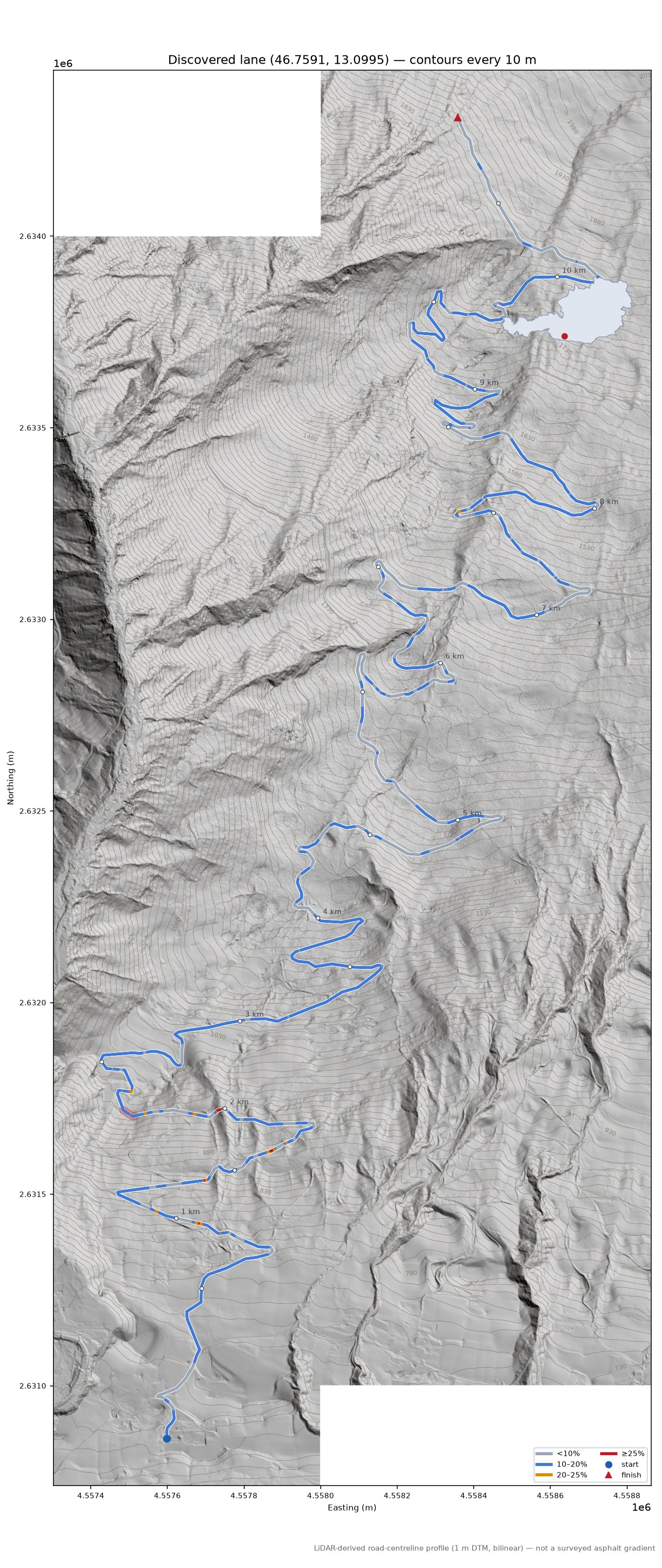 Discovered lane (46.7591, 13.0995) LiDAR hillshade map with contours