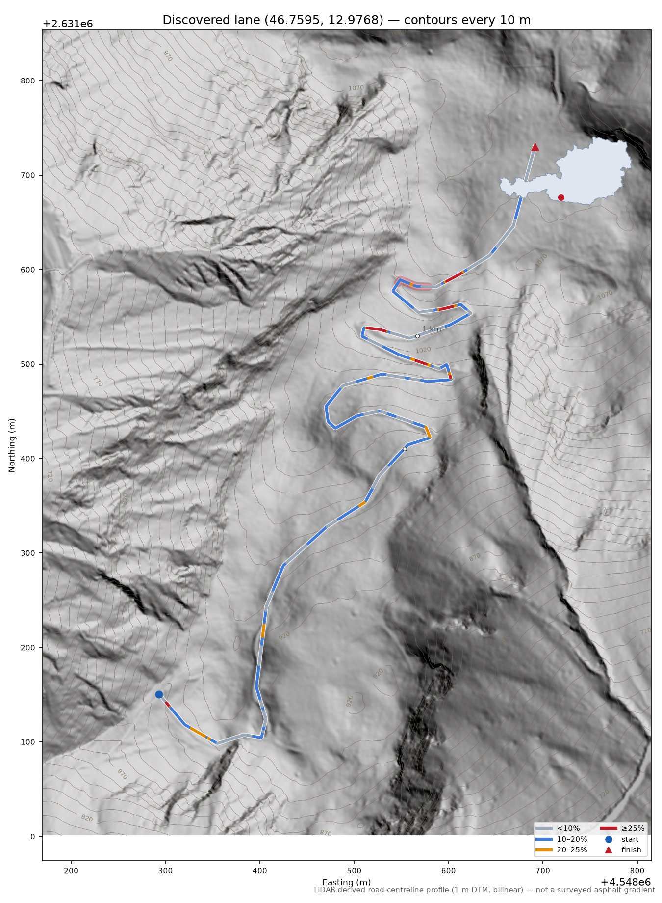 Discovered lane (46.7595, 12.9768) LiDAR hillshade map with contours