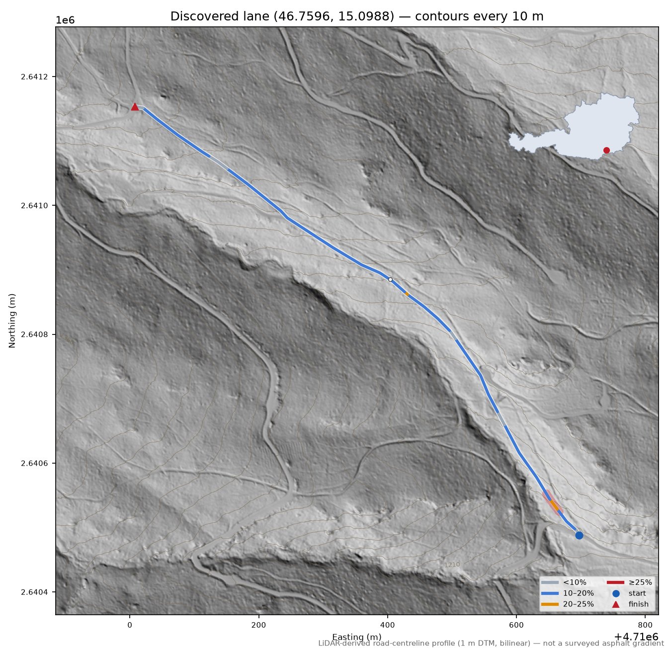 Discovered lane (46.7596, 15.0988) LiDAR hillshade map with contours