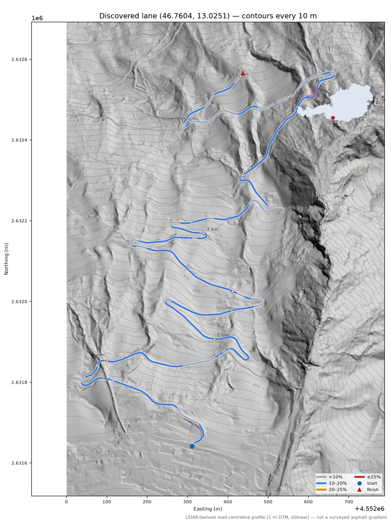 Discovered lane (46.7604, 13.0251) LiDAR hillshade map with contours