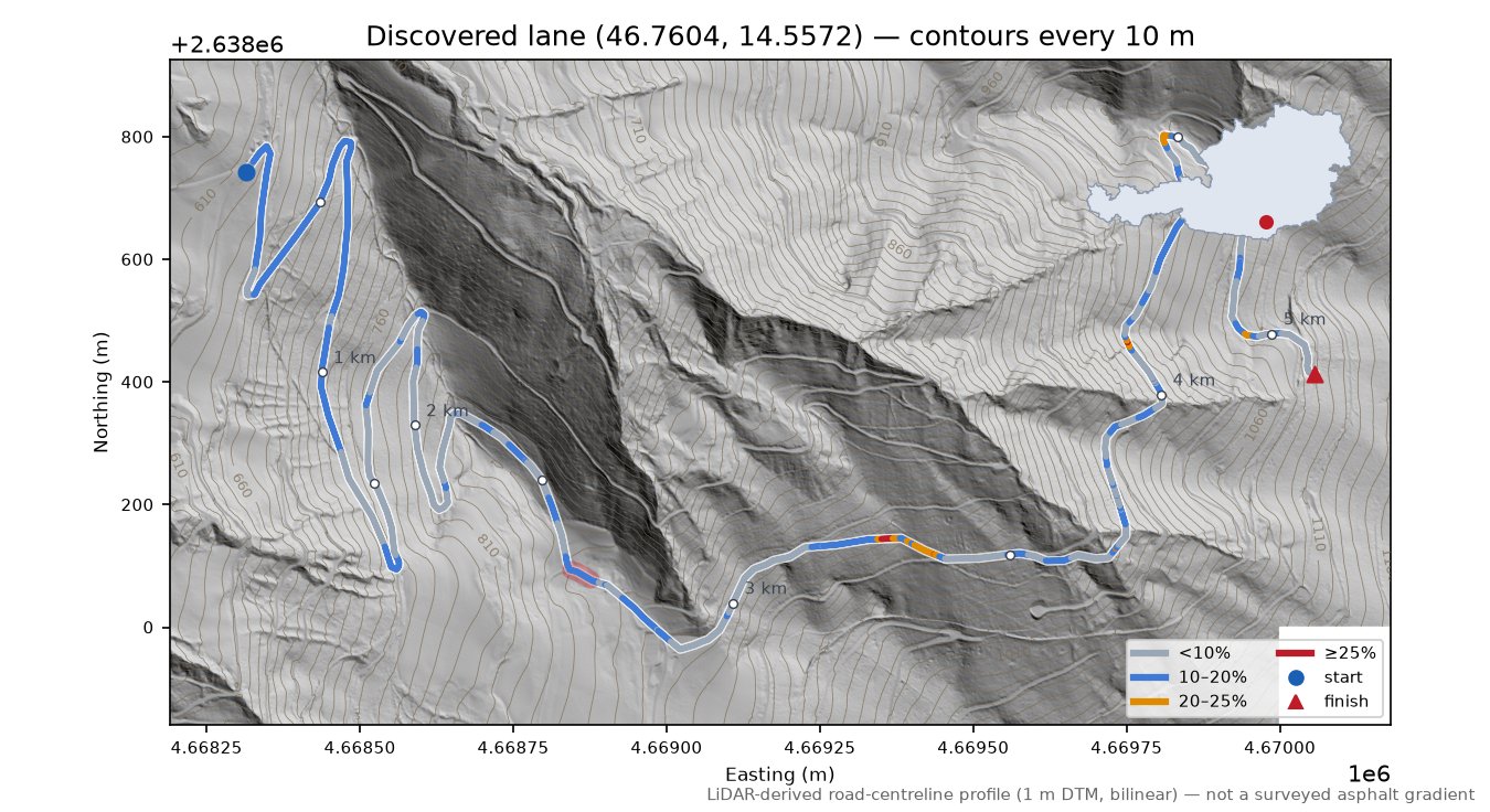 Discovered lane (46.7604, 14.5572) LiDAR hillshade map with contours