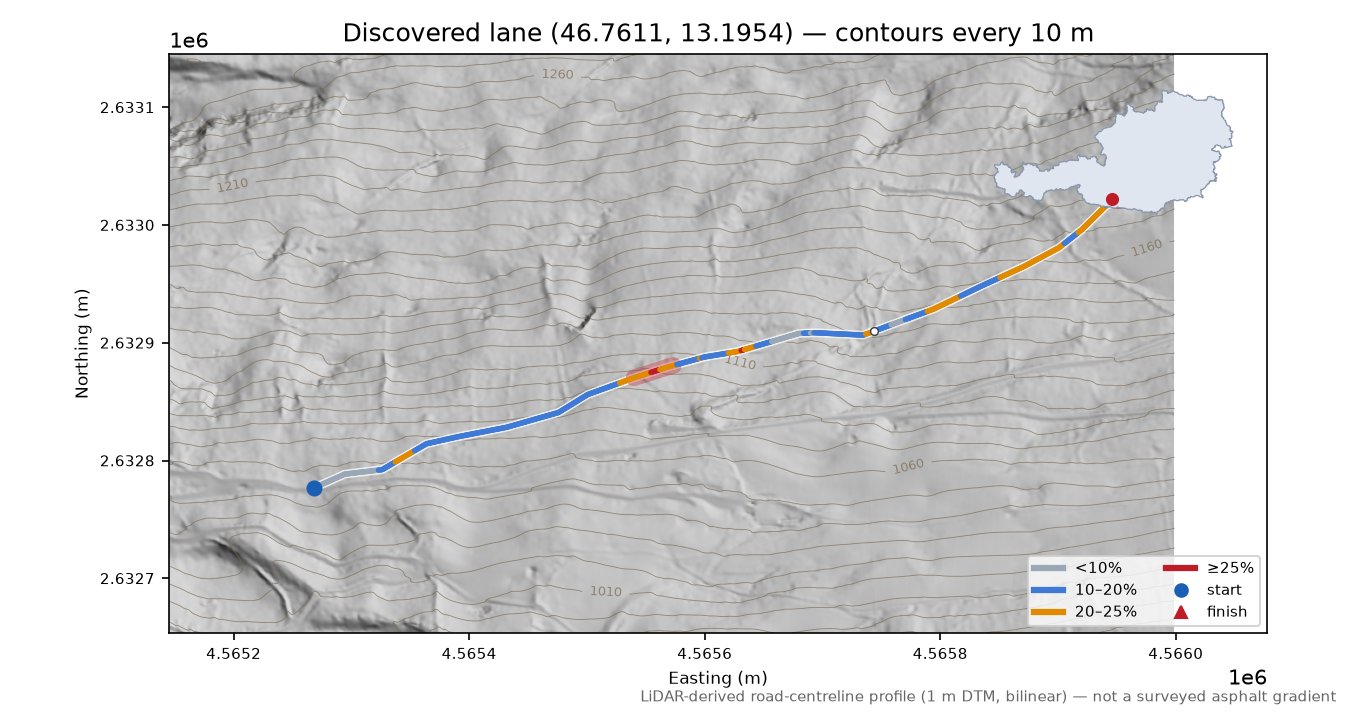Discovered lane (46.7611, 13.1954) LiDAR hillshade map with contours