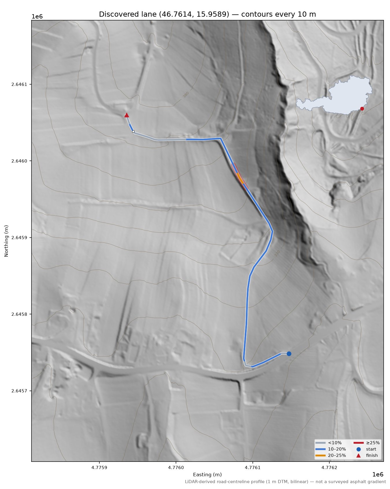 Discovered lane (46.7614, 15.9589) LiDAR hillshade map with contours