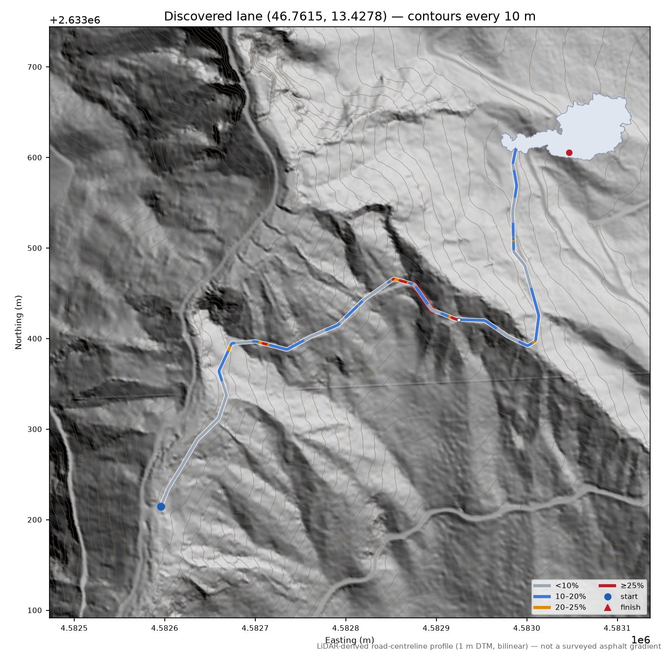 Discovered lane (46.7615, 13.4278) LiDAR hillshade map with contours