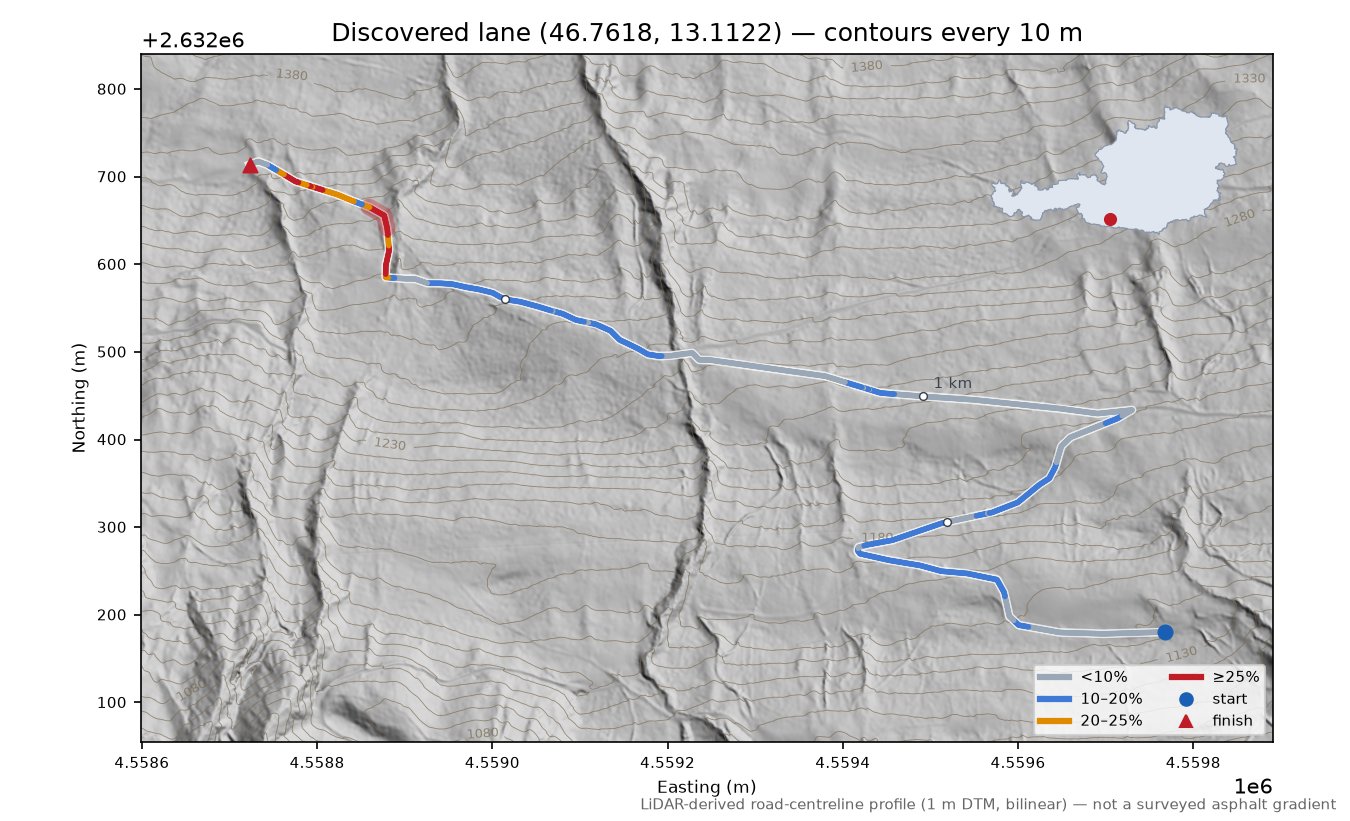 Discovered lane (46.7618, 13.1122) LiDAR hillshade map with contours