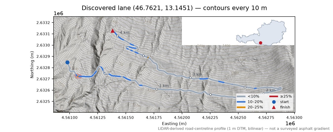 Discovered lane (46.7621, 13.1451) LiDAR hillshade map with contours