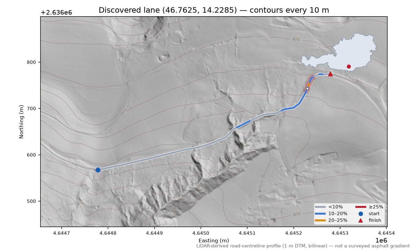 Discovered lane (46.7625, 14.2285) LiDAR hillshade map with contours