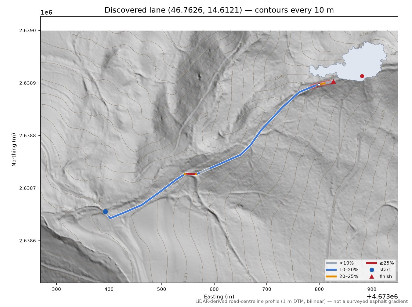 Discovered lane (46.7626, 14.6121) LiDAR hillshade map with contours