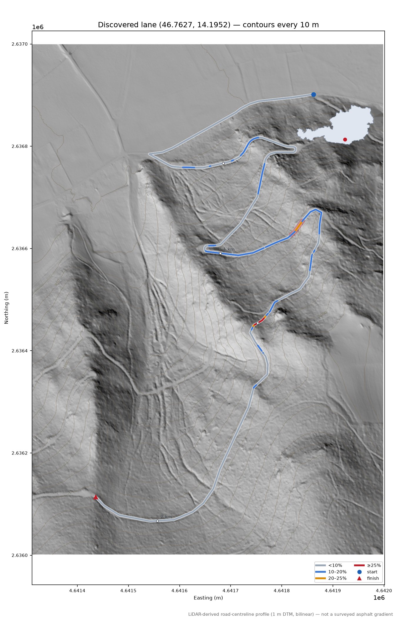 Discovered lane (46.7627, 14.1952) LiDAR hillshade map with contours