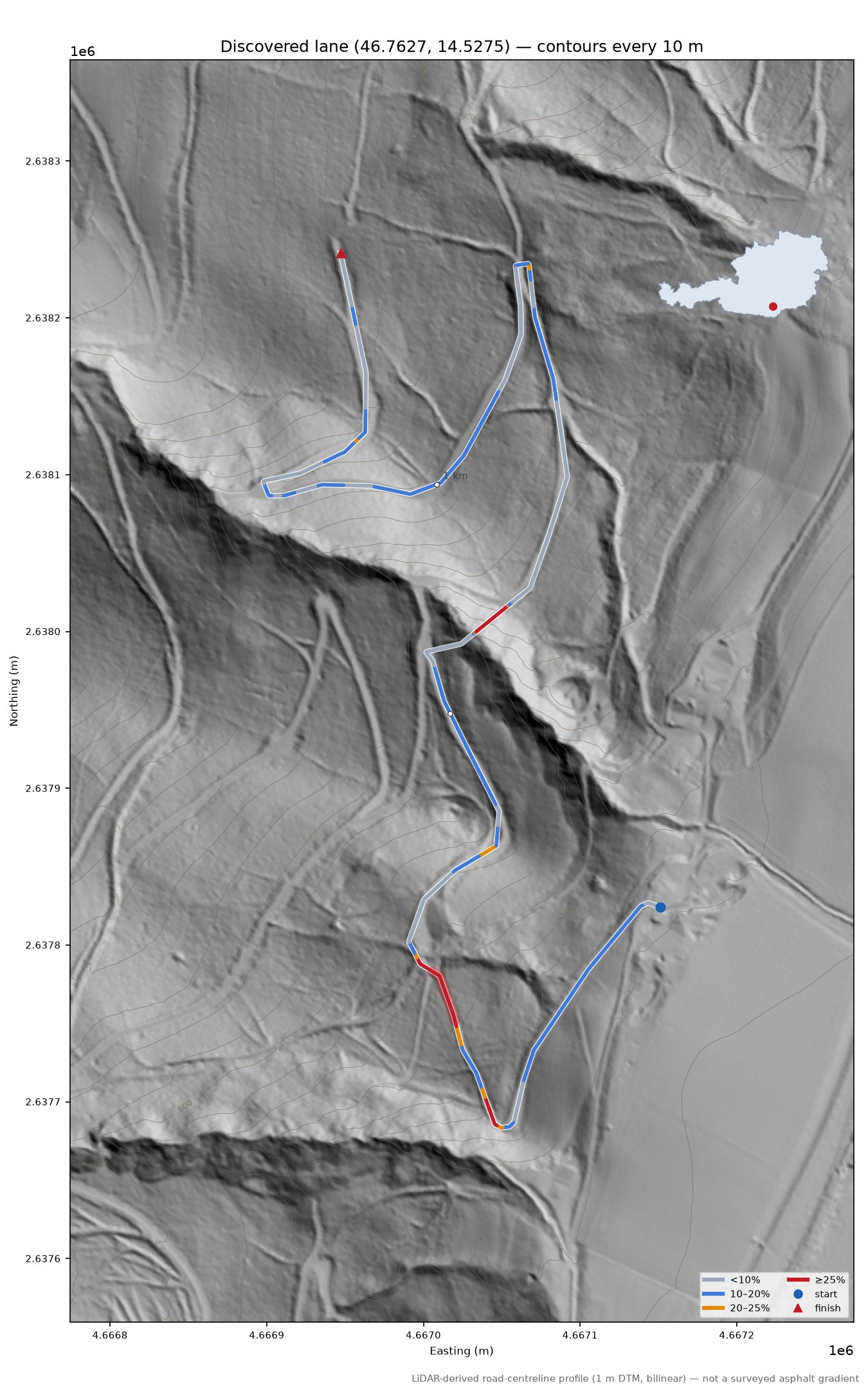 Discovered lane (46.7627, 14.5275) LiDAR hillshade map with contours