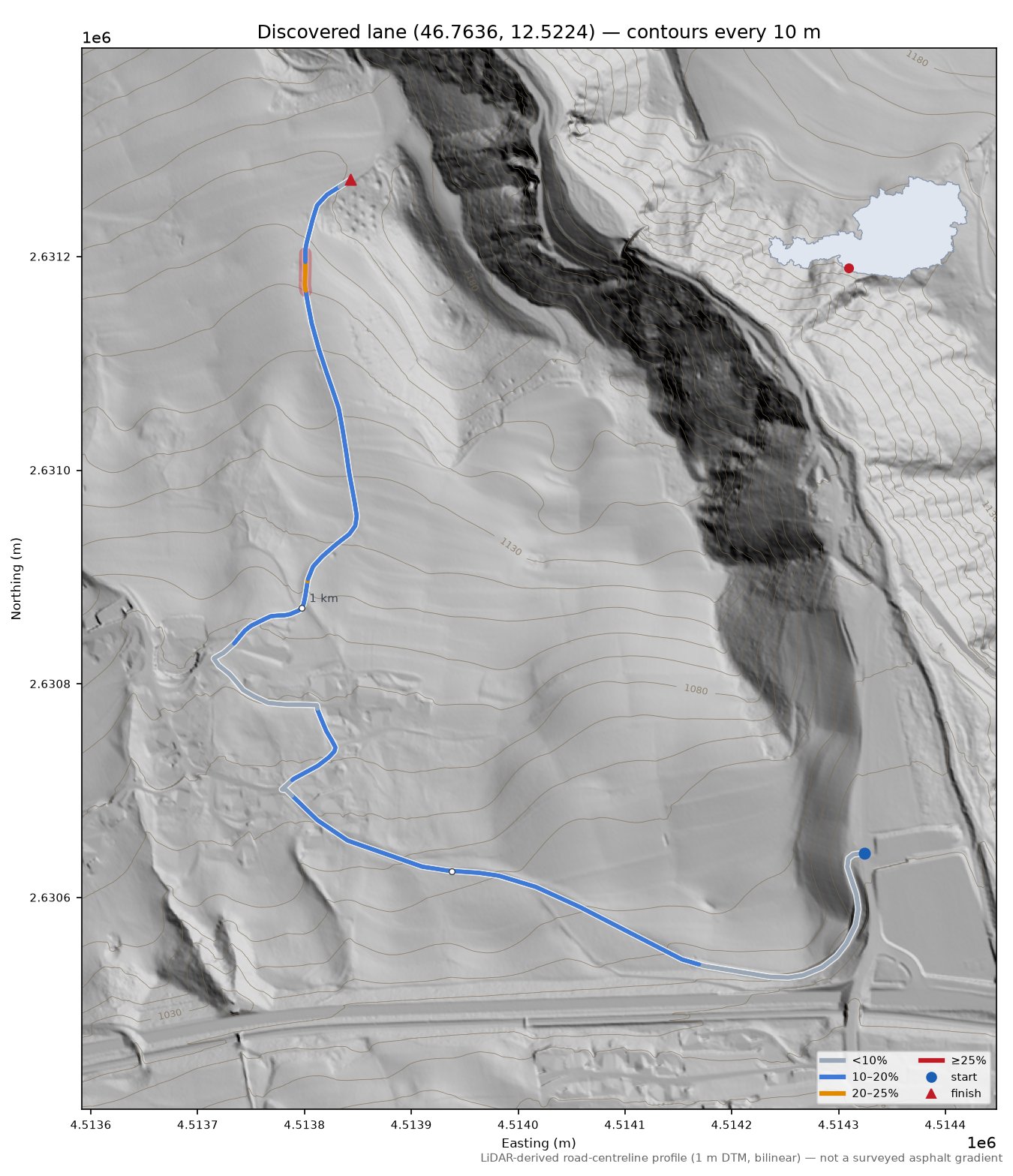 Discovered lane (46.7636, 12.5224) LiDAR hillshade map with contours