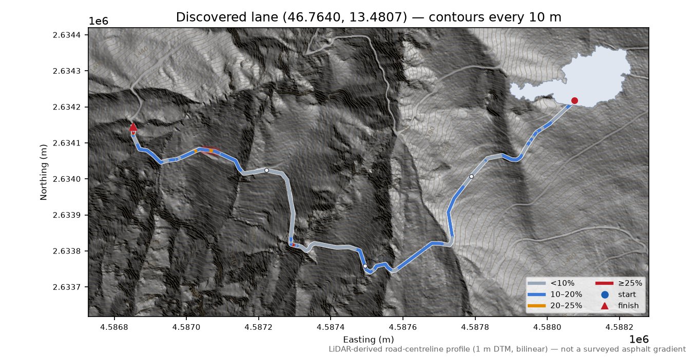 Discovered lane (46.7640, 13.4807) LiDAR hillshade map with contours