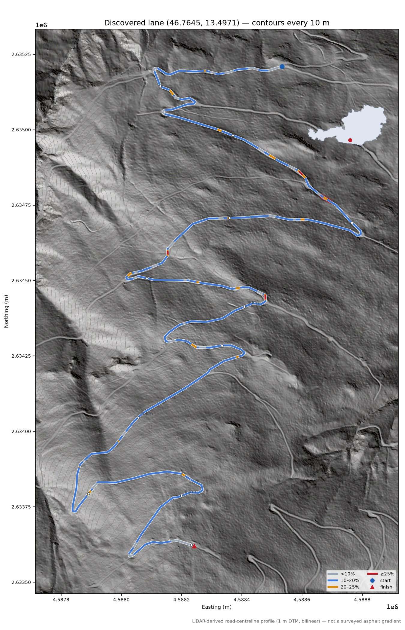 Discovered lane (46.7645, 13.4971) LiDAR hillshade map with contours