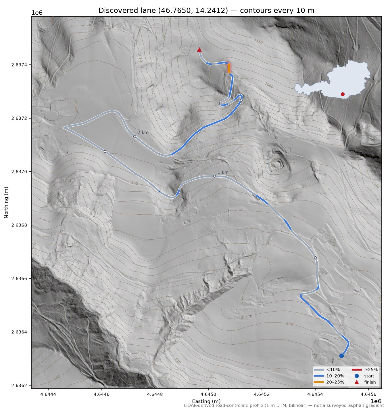 Discovered lane (46.7650, 14.2412) LiDAR hillshade map with contours