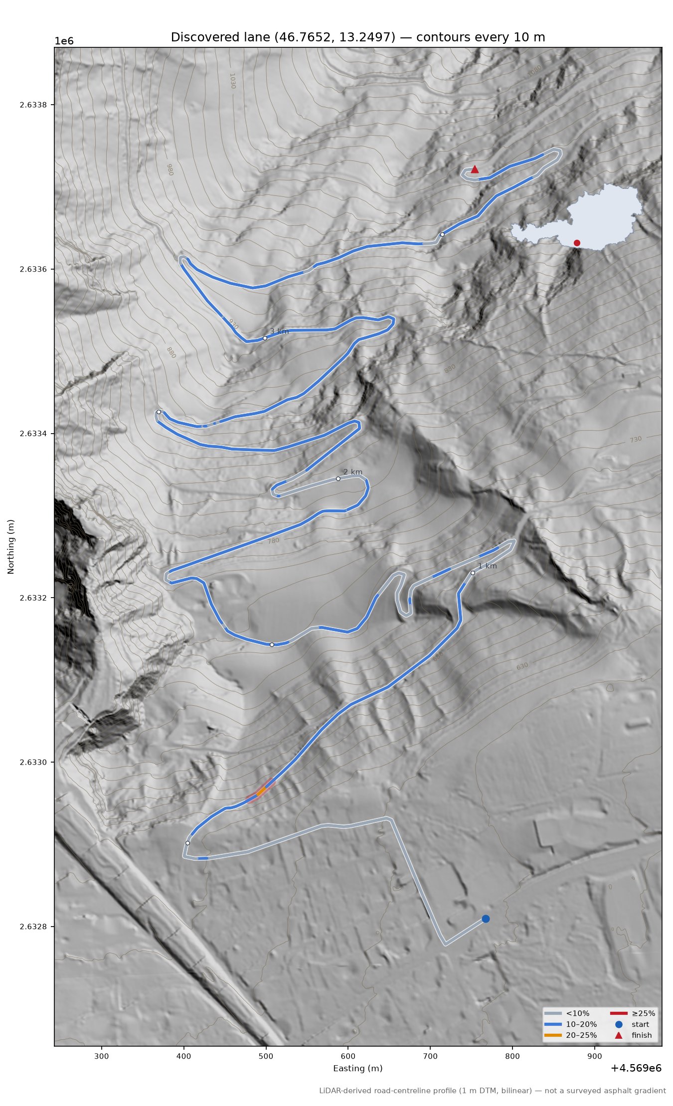 Discovered lane (46.7652, 13.2497) LiDAR hillshade map with contours