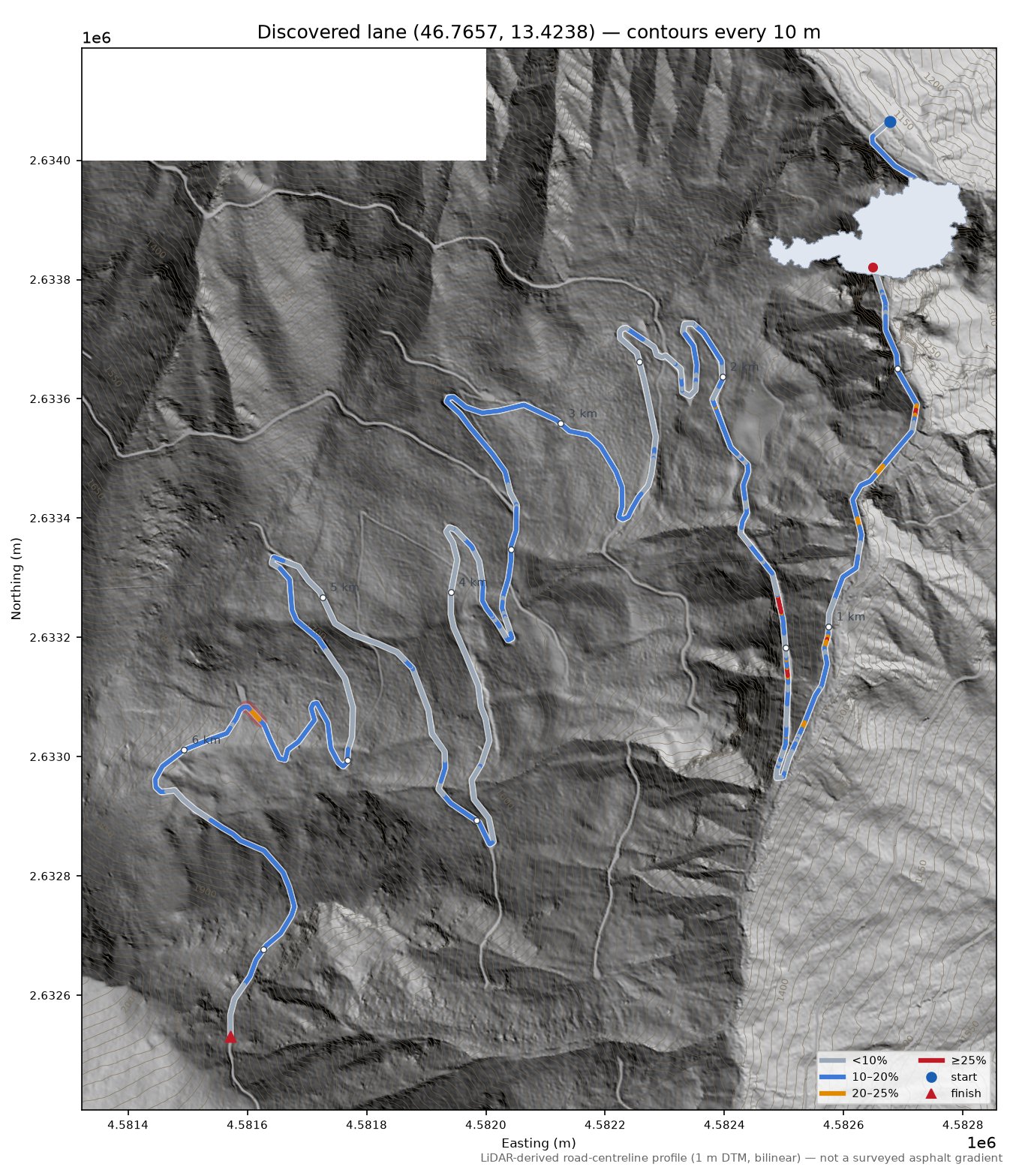 Discovered lane (46.7657, 13.4238) LiDAR hillshade map with contours