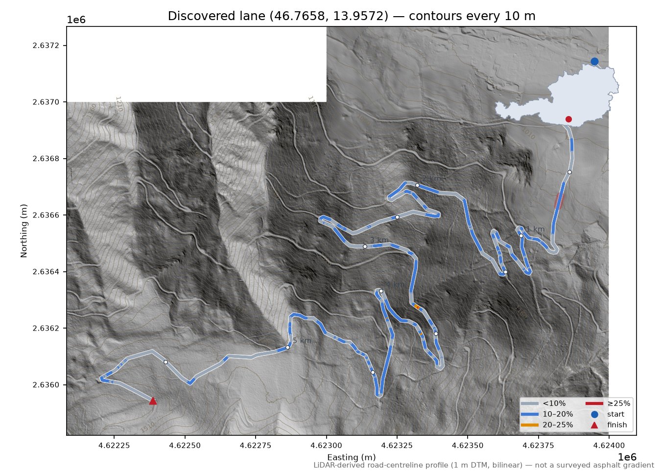 Discovered lane (46.7658, 13.9572) LiDAR hillshade map with contours