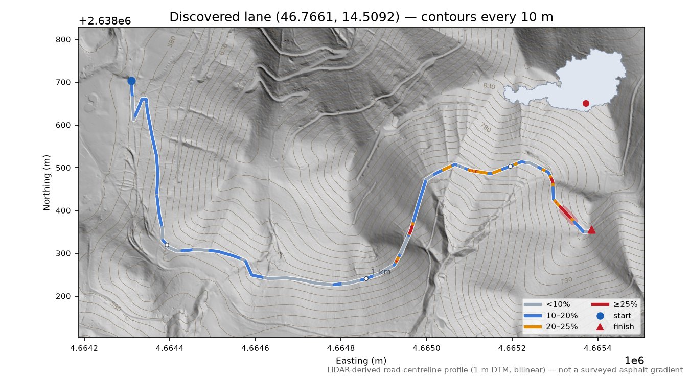 Discovered lane (46.7661, 14.5092) LiDAR hillshade map with contours