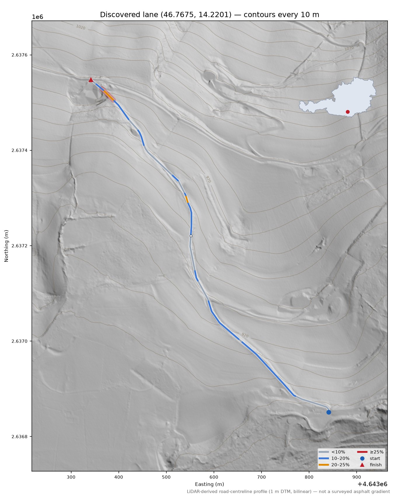 Discovered lane (46.7675, 14.2201) LiDAR hillshade map with contours