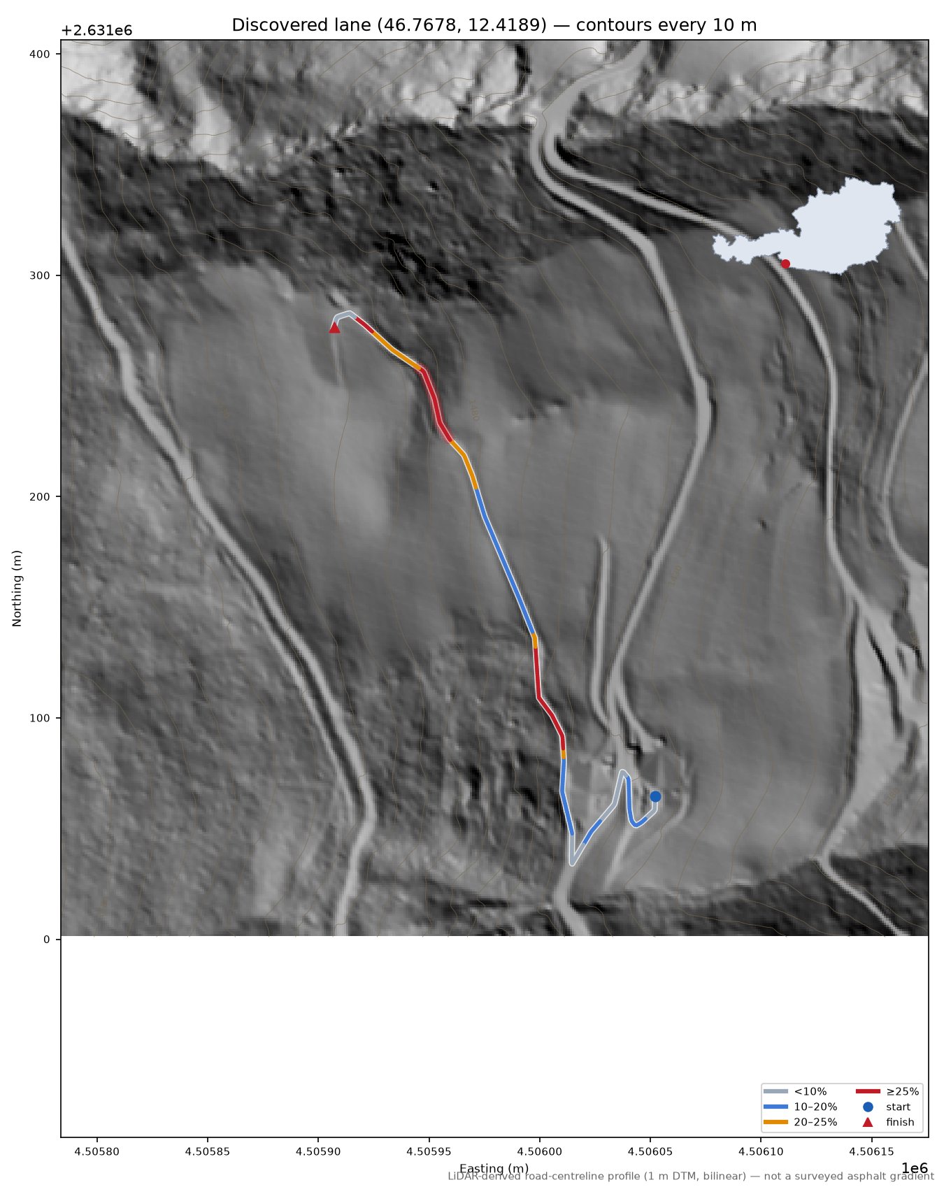 Discovered lane (46.7678, 12.4189) LiDAR hillshade map with contours
